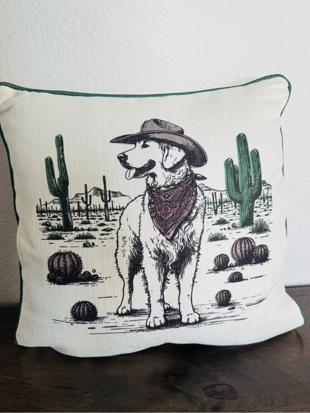 Cowboy Dog Golden Retriever Western Desert Cactus Graphic Throw Pillow
